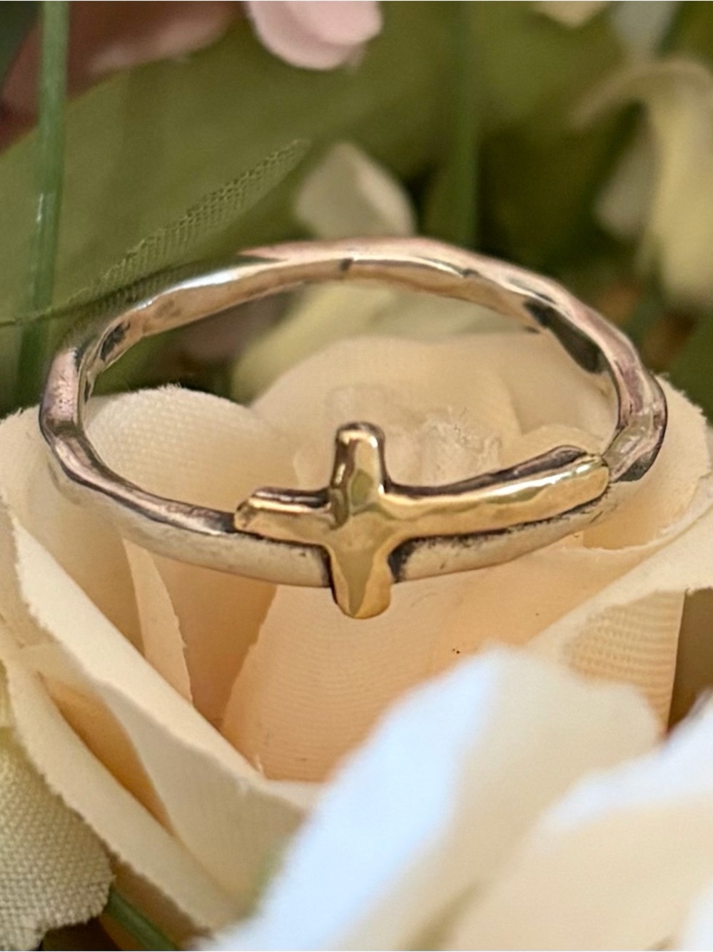 Rare Vintage Silpada Hammered Sterling Silver 14K Gold Cross Ring R1393 Size 10